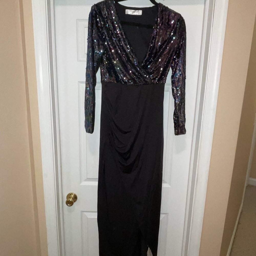 Outrageous Fortune long gown, asymmetric hemline